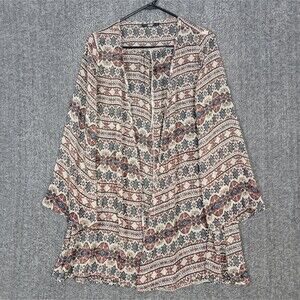 Papaya Kimono Womens Medium Tan Geometric Open Front Long Sleeve Chiffon Blouse